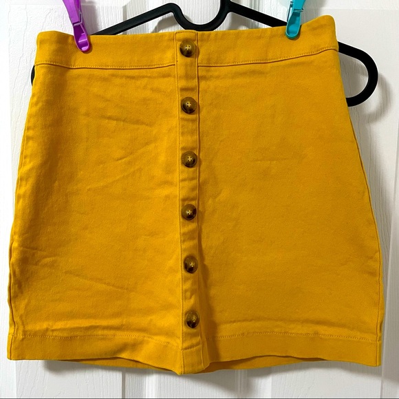 Solid Golden Yellow High Waist Button Front Mini Pencil A-Line Skirt | Size S - Picture 2 of 7